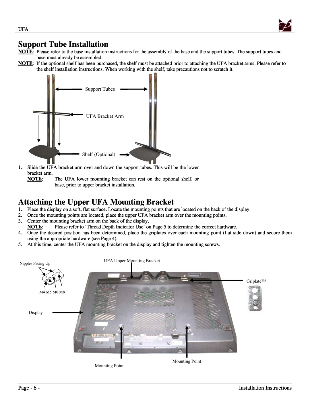 Premier Mounts Support Tube Installation, Attaching the Upper UFA Mounting Bracket, Page, Installation Instructions 