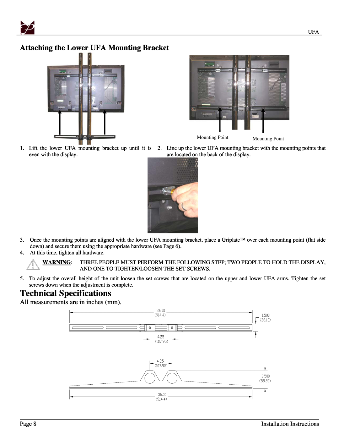 Premier Mounts Technical Specifications, Attaching the Lower UFA Mounting Bracket, All measurements are in inches mm 