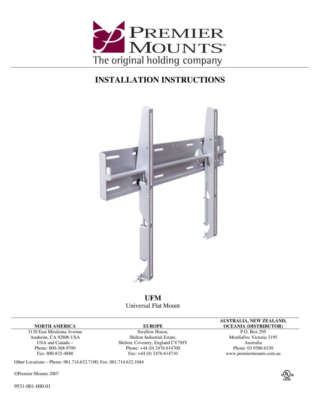 Premier Mounts UFM installation instructions Installation Instructions 