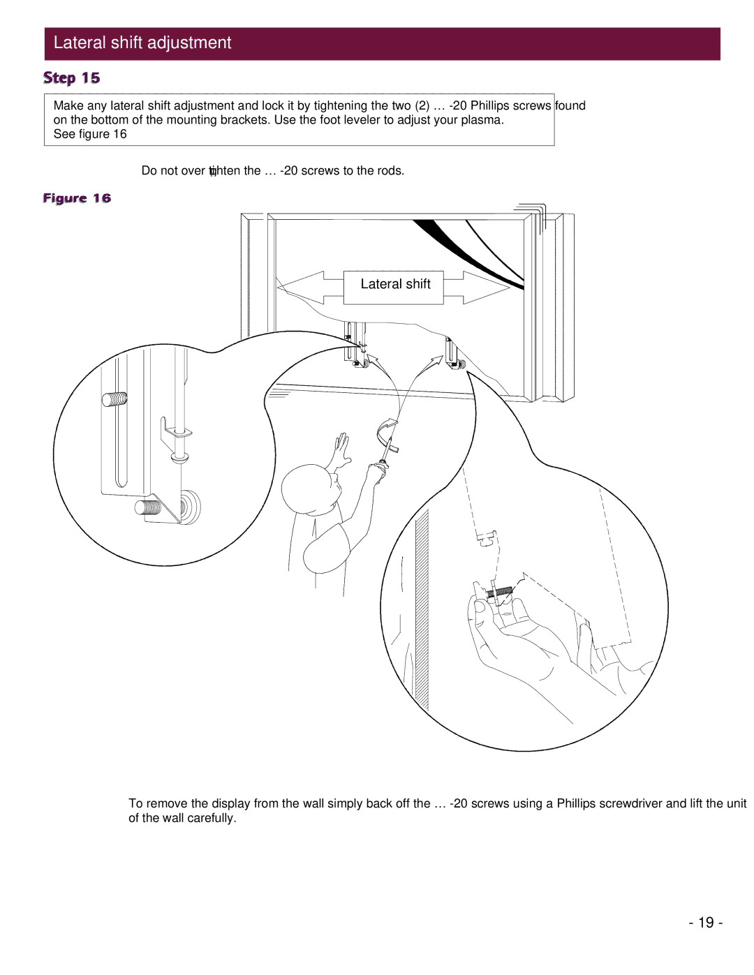 Premier Mounts UFM installation instructions Lateral shift adjustment 