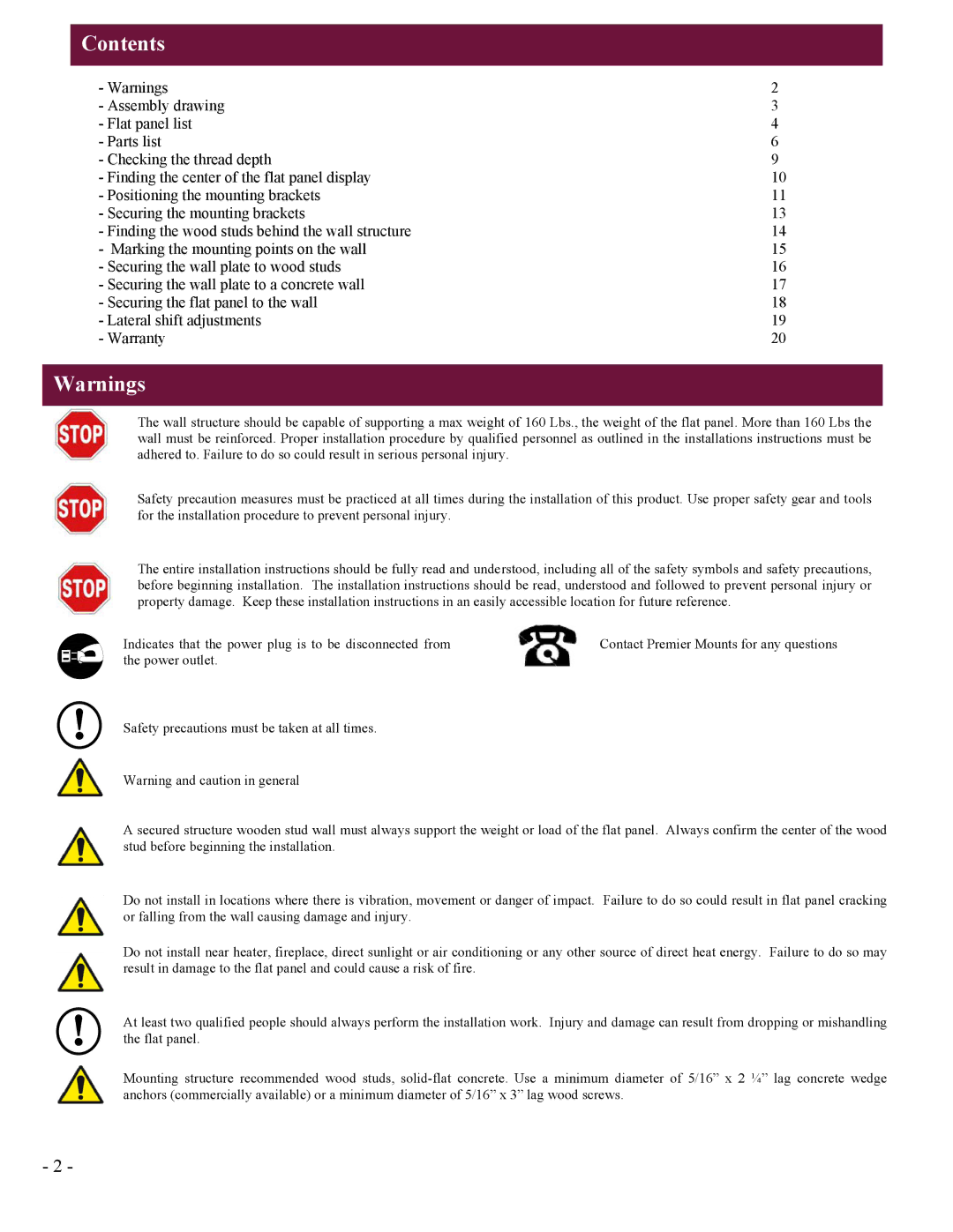 Premier Mounts UFM installation instructions Contents 