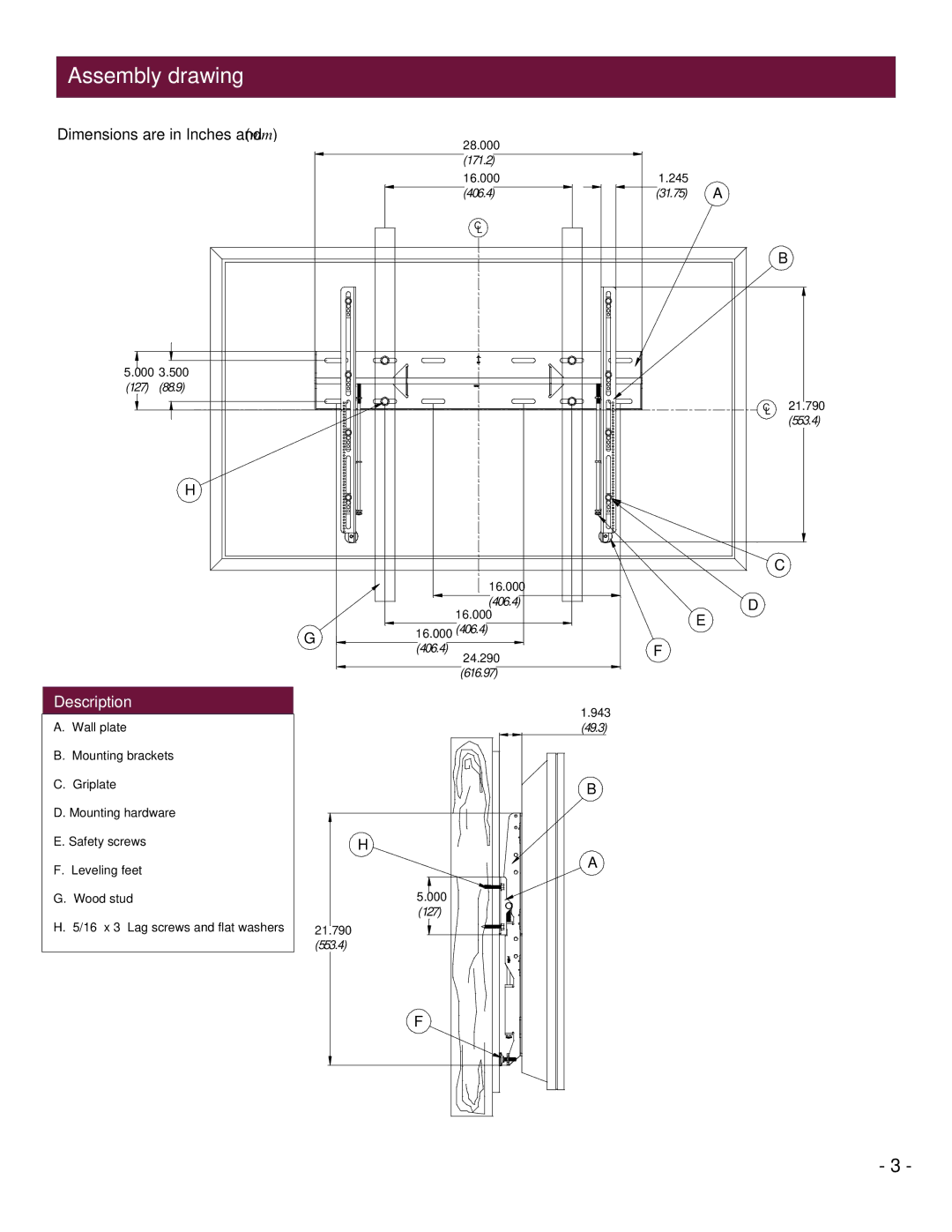 Premier Mounts UFM installation instructions Assembly drawing, Description 