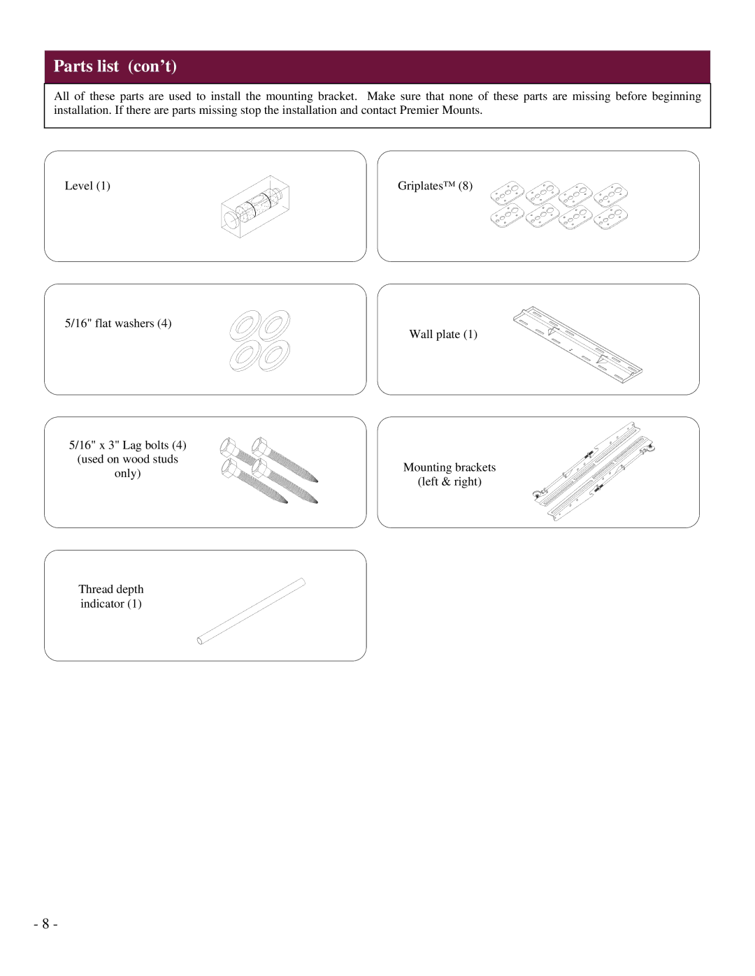 Premier Mounts UFM installation instructions Parts list con’t 