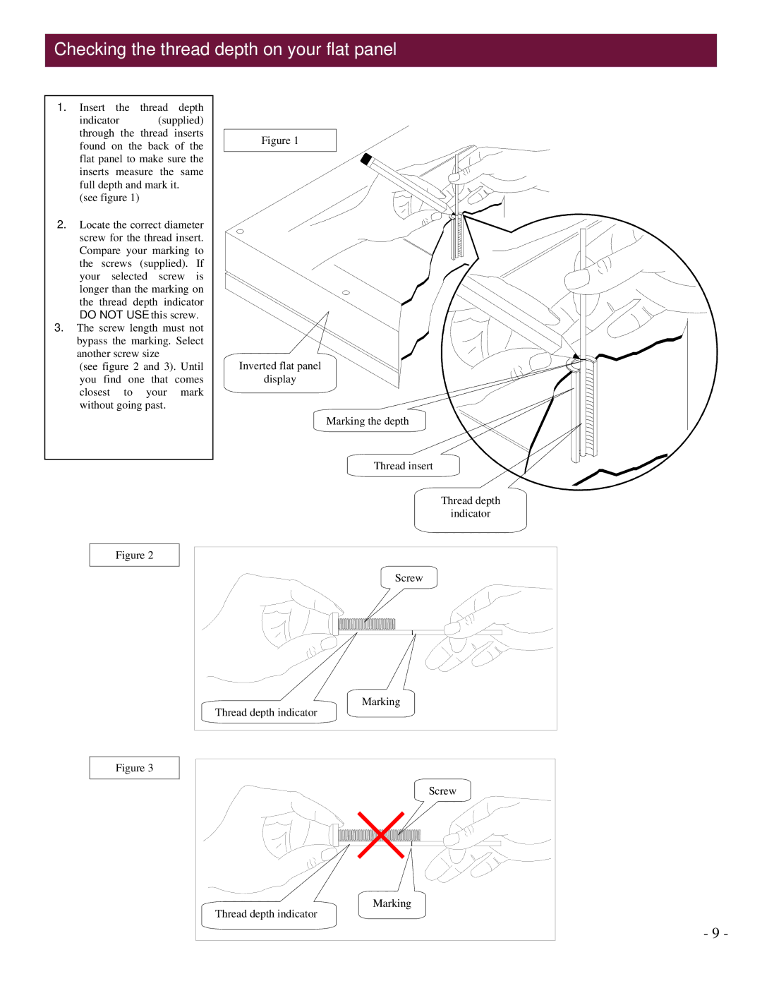 Premier Mounts UFM installation instructions Checking the thread depth on your flat panel 