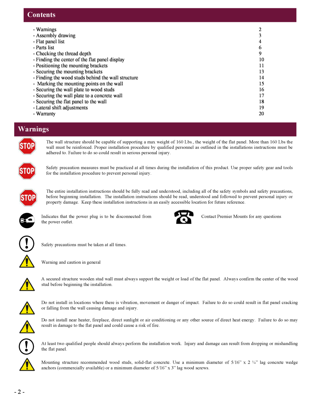 Premier Mounts UFM installation instructions Contents, Warnings 