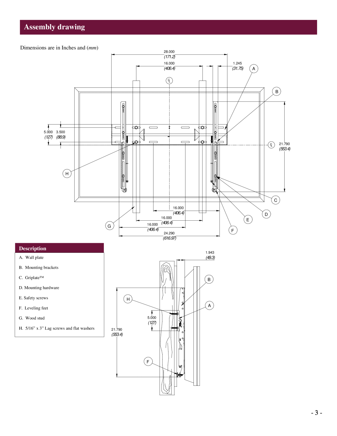 Premier Mounts UFM Assembly drawing, Dimensions are in Inches and mm, Description, 28.000, 171.2, 16.000, 1.245, 406.4 