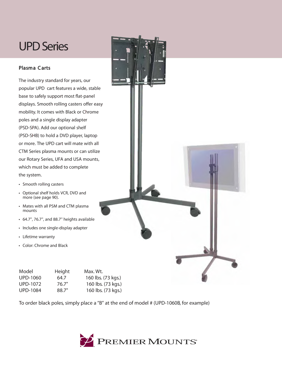 Premier Mounts UPD Series, UPD-1060, UPD-1072, UPD-1084 warranty Model Height Max. Wt 