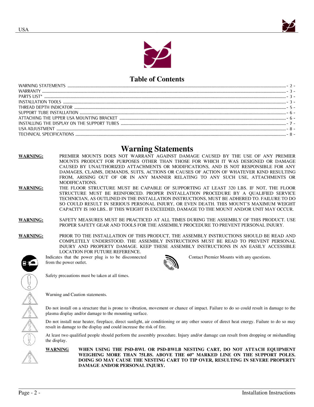 Premier Mounts USA installation manual Table of Contents 