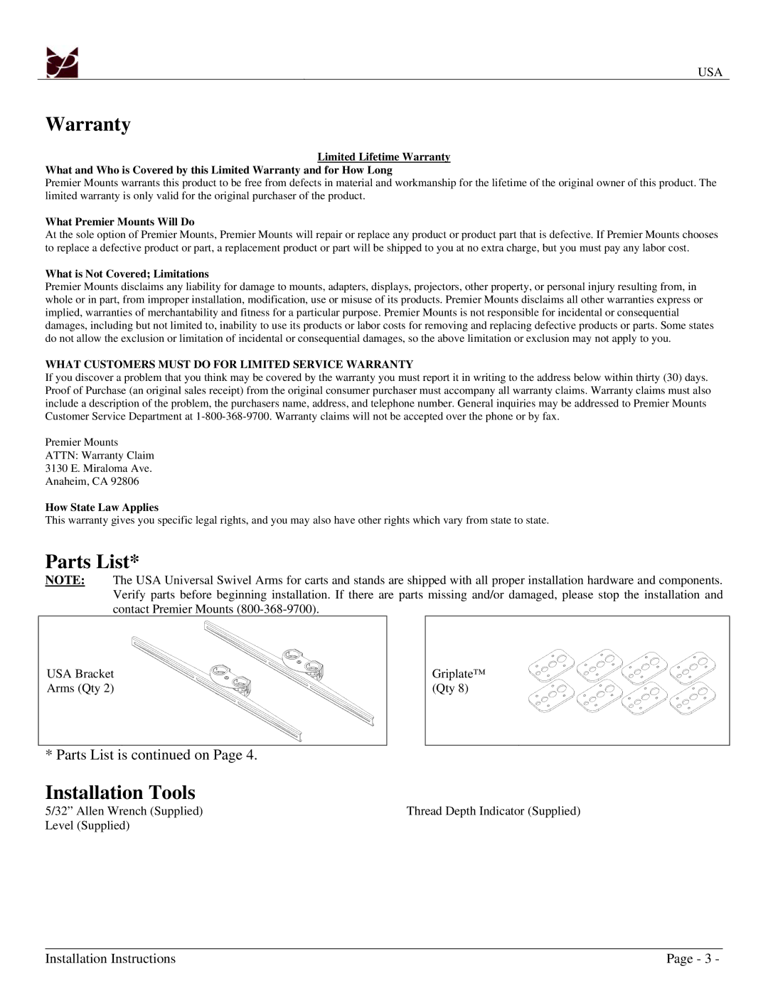 Premier Mounts USA installation manual Warranty, Parts List, Installation Tools 