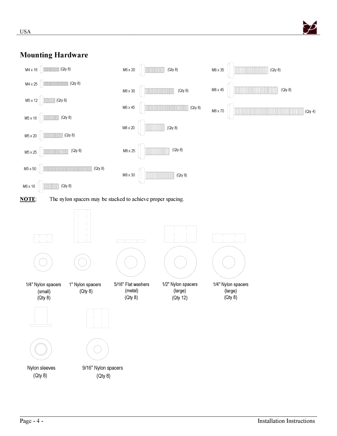 Premier Mounts USA installation manual Mounting Hardware 