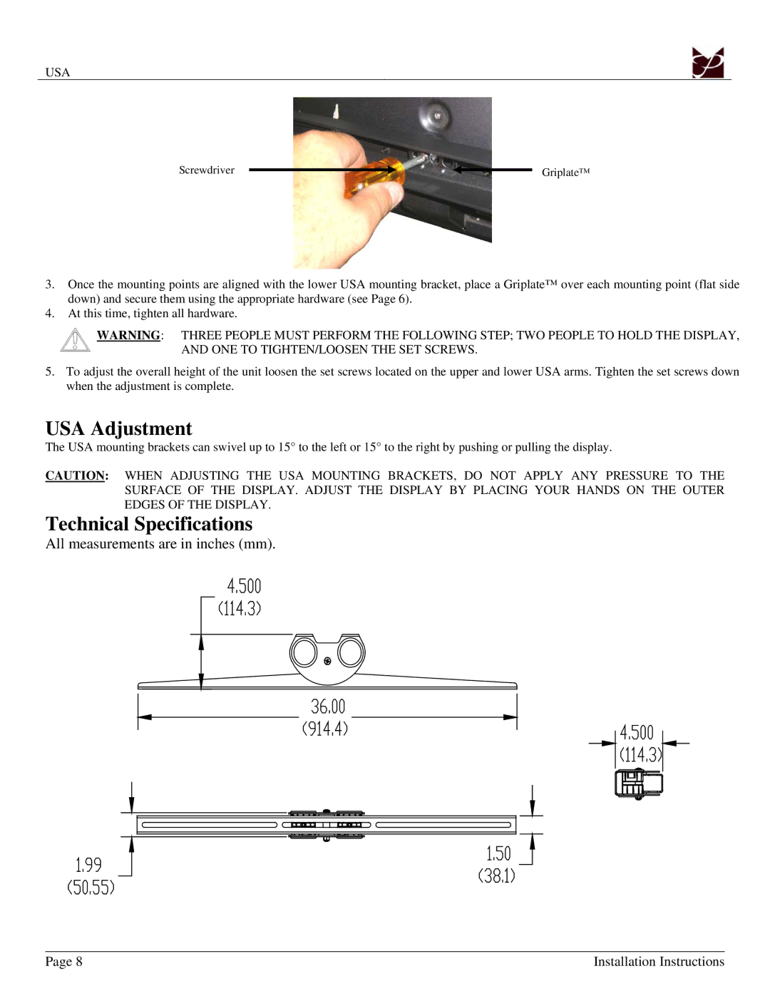 Premier Mounts installation manual USA Adjustment, Technical Specifications 