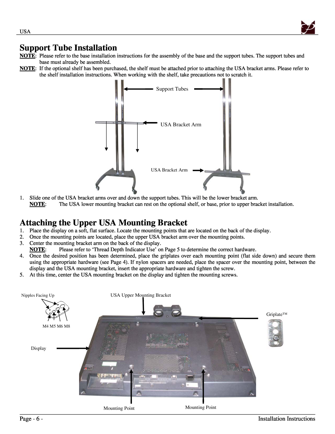 Premier Mounts Support Tube Installation, Attaching the Upper USA Mounting Bracket, Page, Installation Instructions 