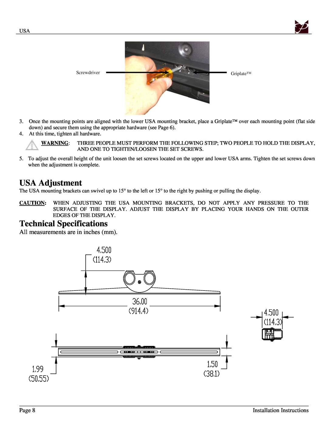 Premier Mounts installation manual USA Adjustment, Technical Specifications, All measurements are in inches mm, Page 