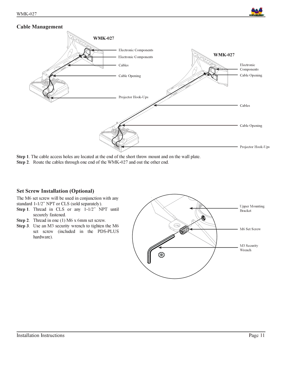 Premier Mounts WMK-027 installation instructions Cable Management, Set Screw Installation Optional 