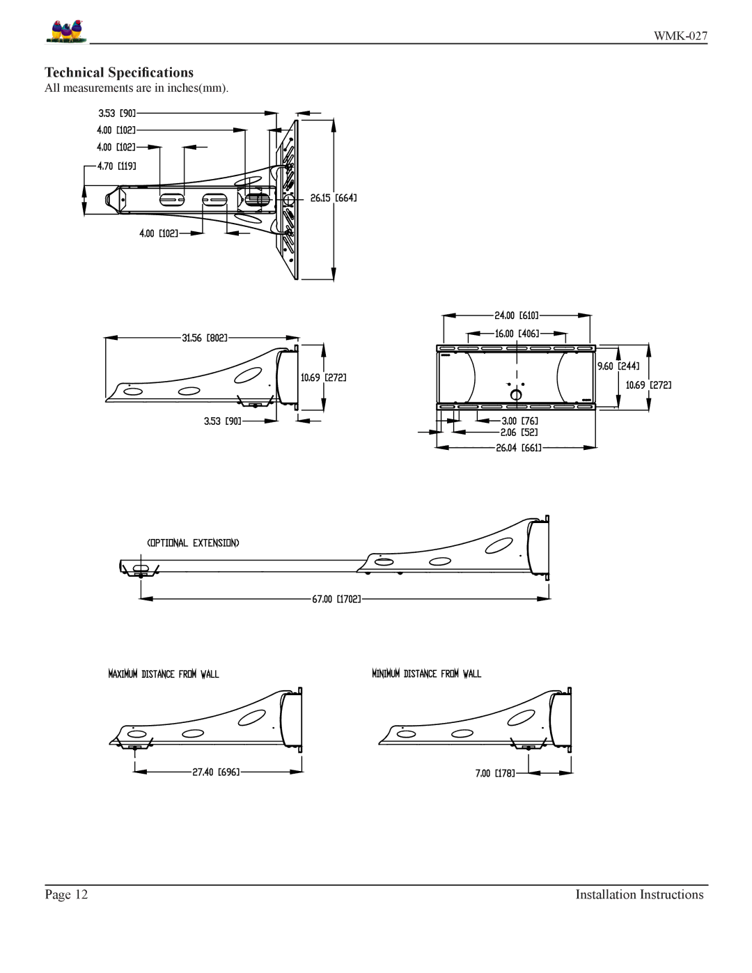 Premier Mounts WMK-027 installation instructions Technical Specifications 