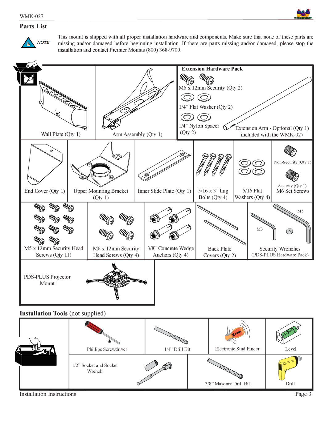 Premier Mounts WMK-027 installation instructions Parts List, Installation Tools not supplied, Extension Hardware Pack 