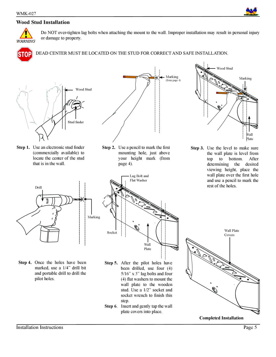 Premier Mounts WMK-027 installation instructions Wood Stud Installation, Completed Installation 