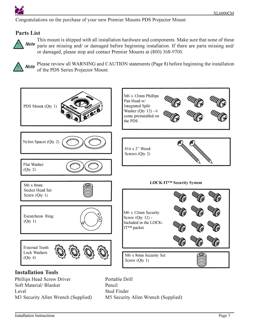 Premier Mounts XL6000CM installation instructions Parts List, Installation Tools, LOCK-IT Security System 