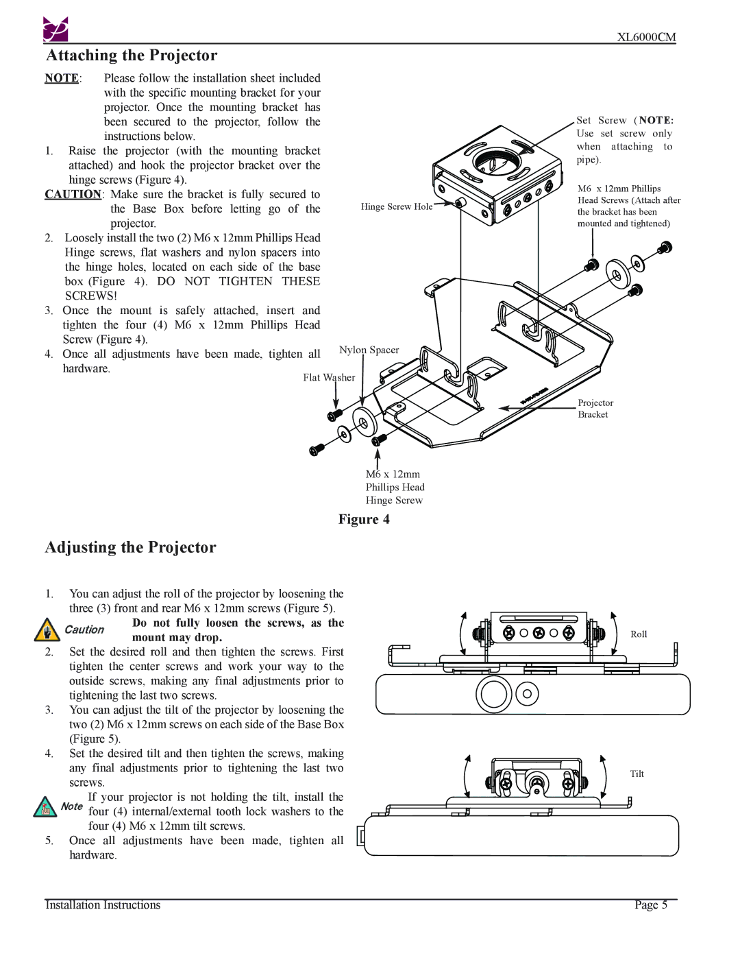 Premier Mounts XL6000CM installation instructions Attaching the Projector, Adjusting the Projector 