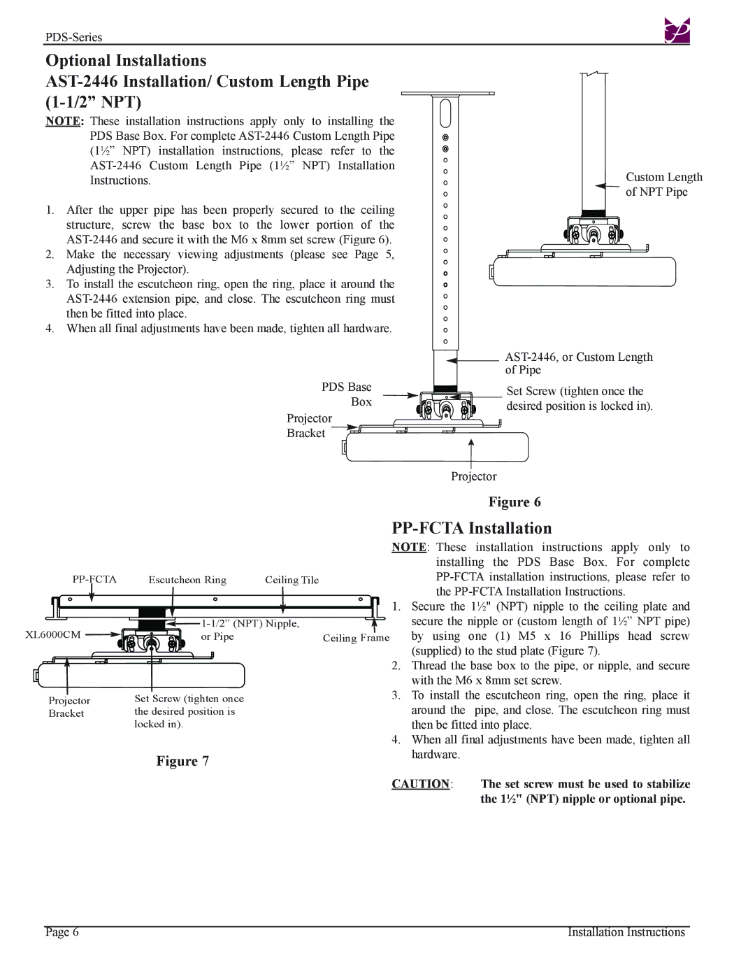 Premier Mounts XL6000CM PP-FCTA Installation, Set screw must be used to stabilize, 1½ NPT nipple or optional pipe 