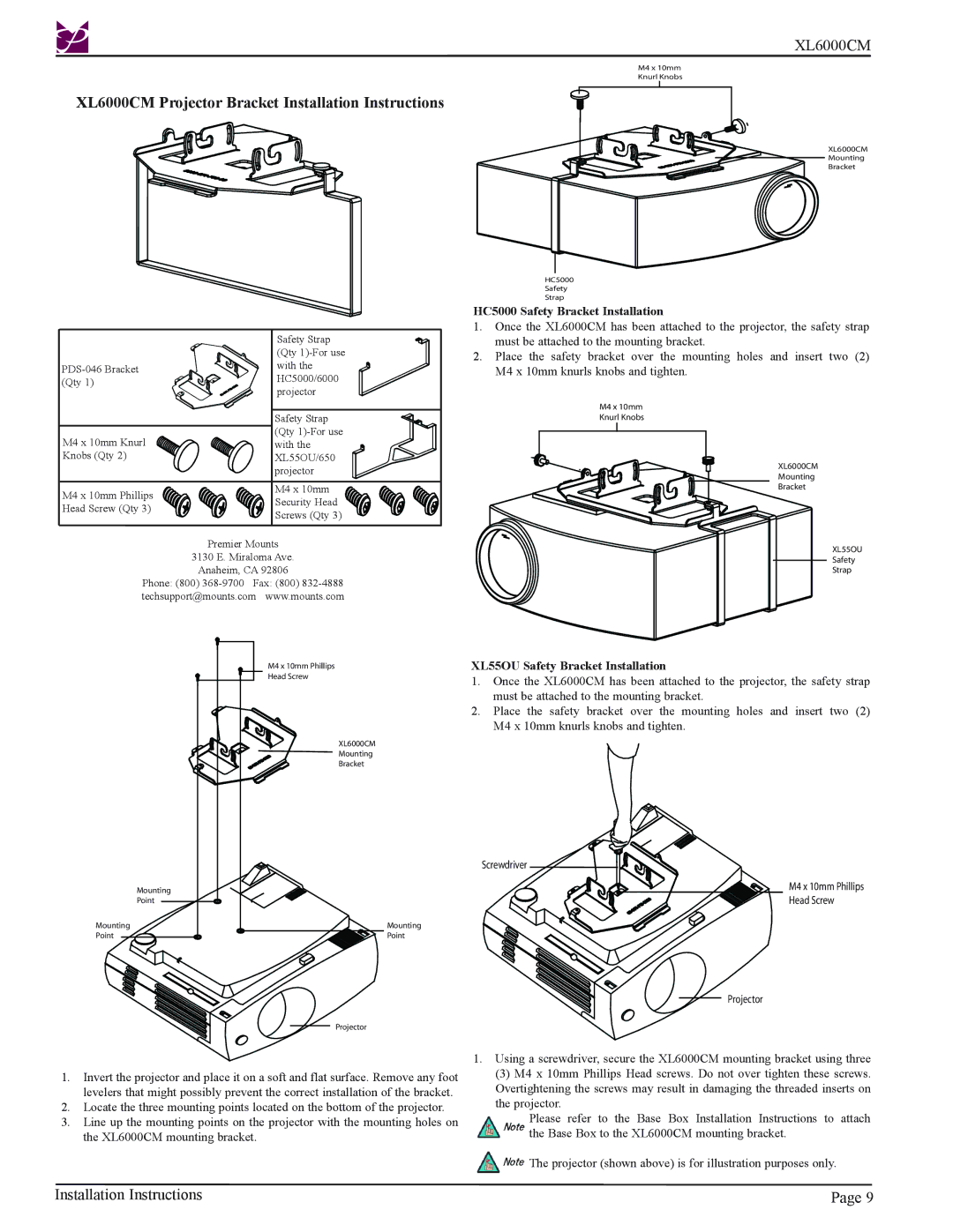 Premier Mounts XL6000CM Projector Bracket Installation Instructions, HC5000 Safety Bracket Installation 