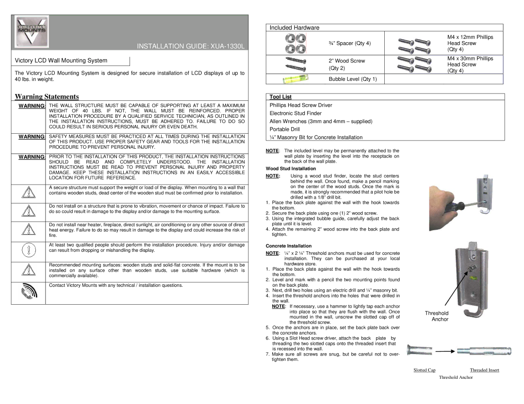 Premier Mounts XUA-1330L installation instructions Victory LCD Wall Mounting System, Included Hardware, Threshold Anchor 