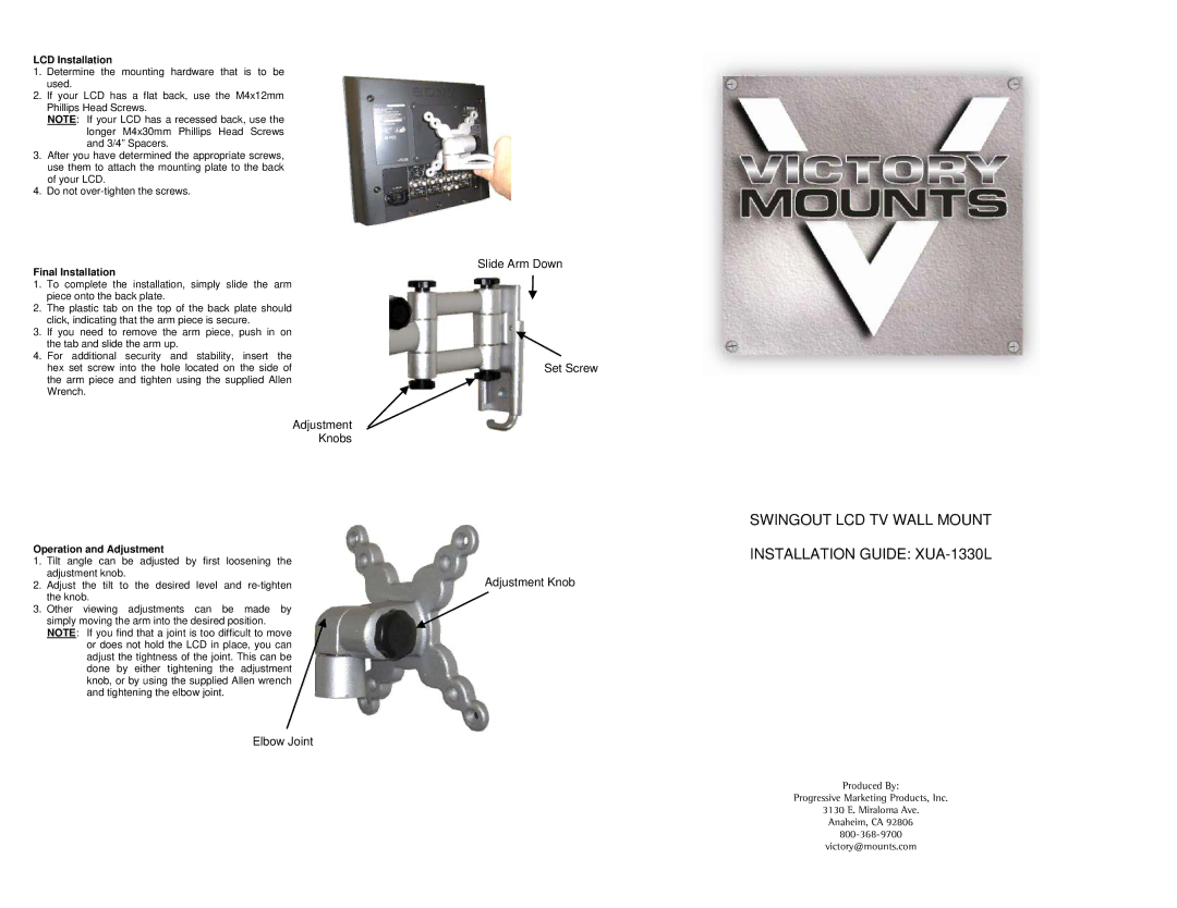 Premier Mounts XUA-1330L installation instructions Adjustment Knobs, Elbow Joint Slide Arm Down Set Screw 