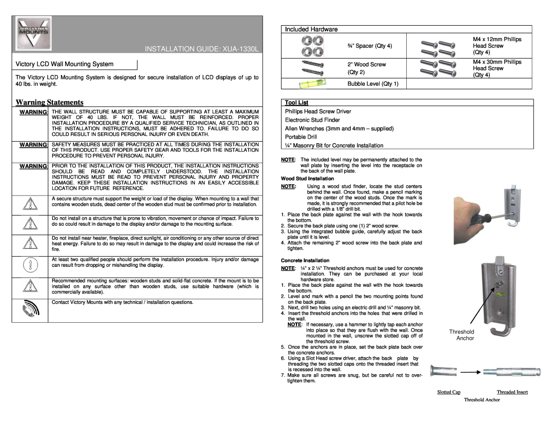 Premier Mounts installation instructions Warning Statements, INSTALLATION GUIDE XUA-1330L, Included Hardware, Tool List 