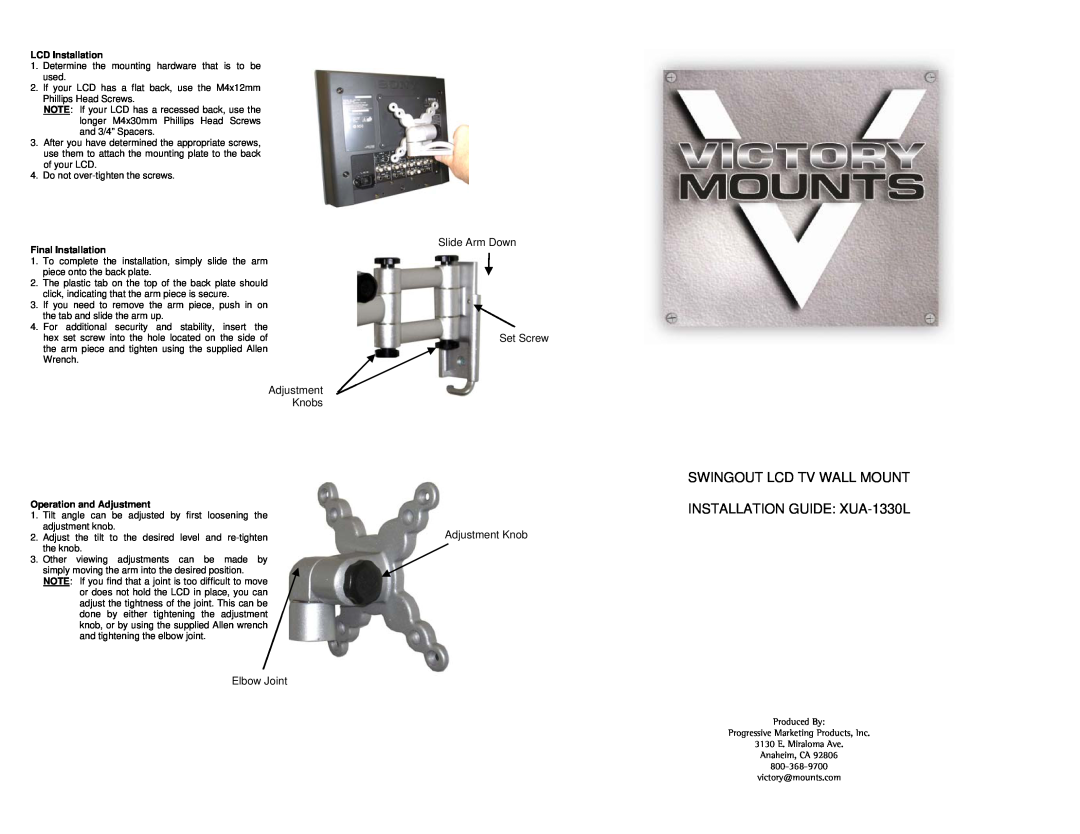 Premier Mounts SWINGOUT LCD TV WALL MOUNT INSTALLATION GUIDE XUA-1330L, Adjustment Knobs, Elbow Joint, LCD Installation 