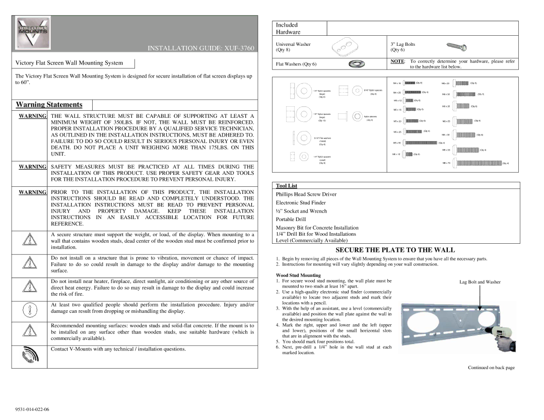 Premier Mounts installation instructions Installation Guide XUF-3760, Secure the Plate to the Wall, Tool List 