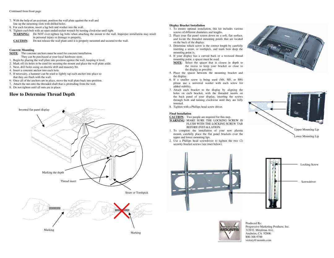 Premier Mounts XUF-3760 How to Determine Thread Depth, Concrete Mounting, Display Bracket Installation, Final Installation 