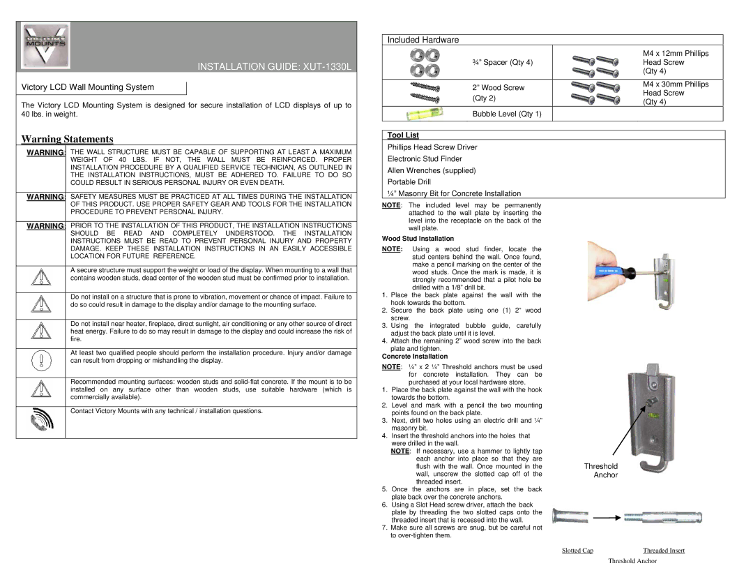 Premier Mounts XUT-1330L installation instructions Victory LCD Wall Mounting System, Included Hardware, Threshold Anchor 