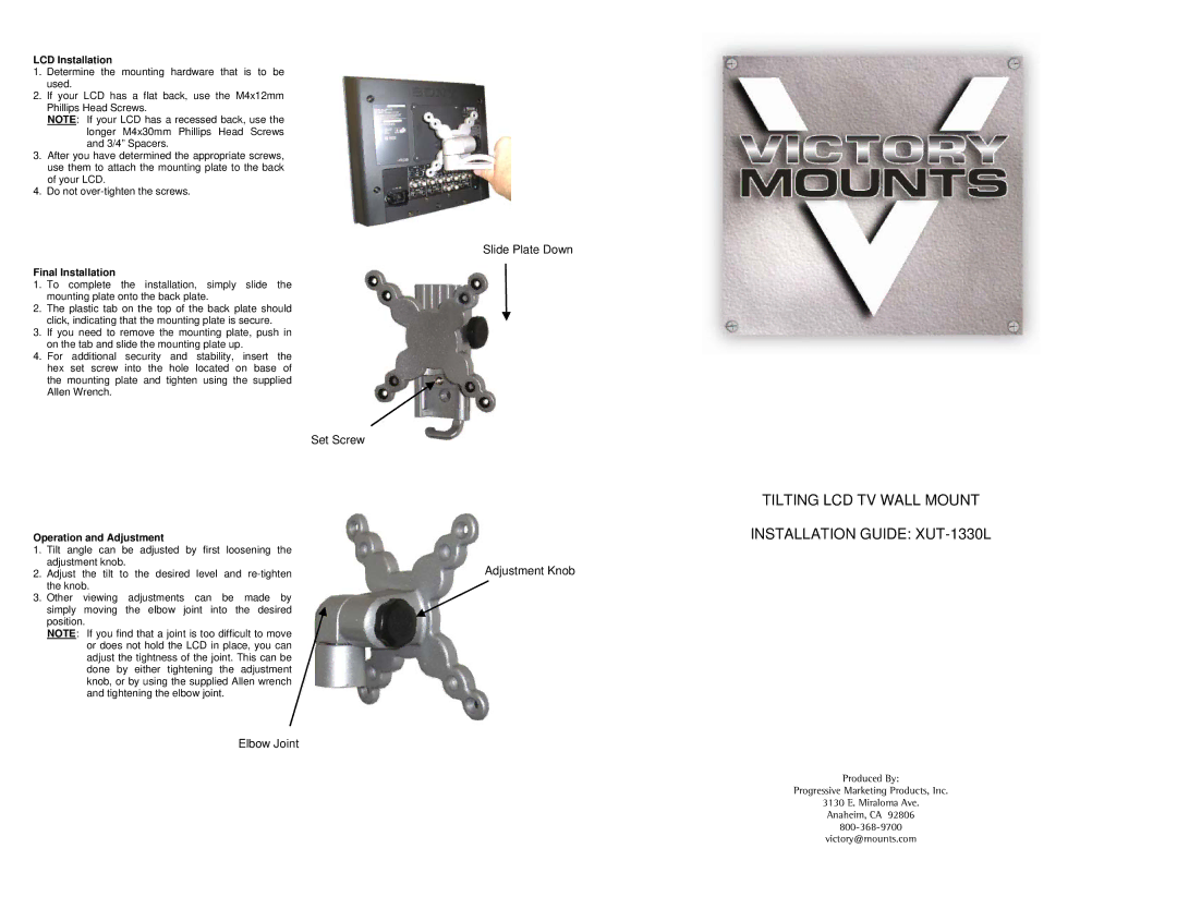 Premier Mounts XUT-1330L installation instructions Set Screw, Elbow Joint Slide Plate Down, Adjustment Knob 