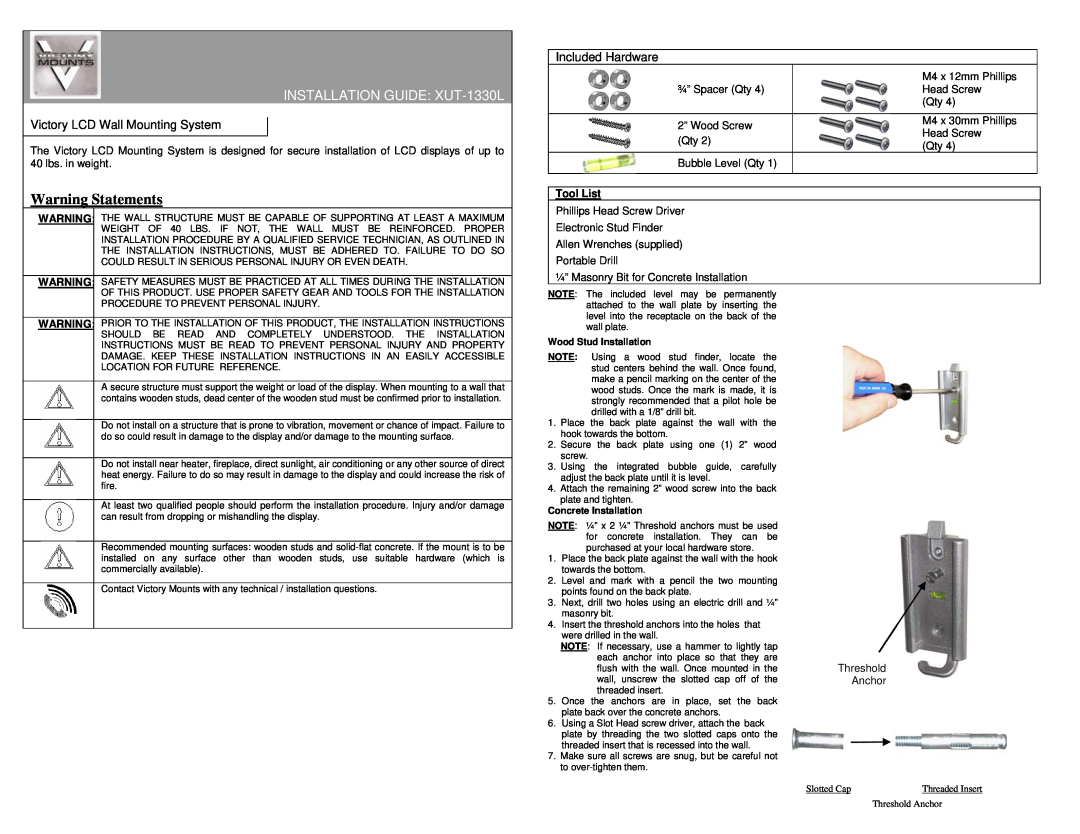 Premier Mounts installation instructions Warning Statements, INSTALLATION GUIDE XUT-1330L, Included Hardware, Tool List 