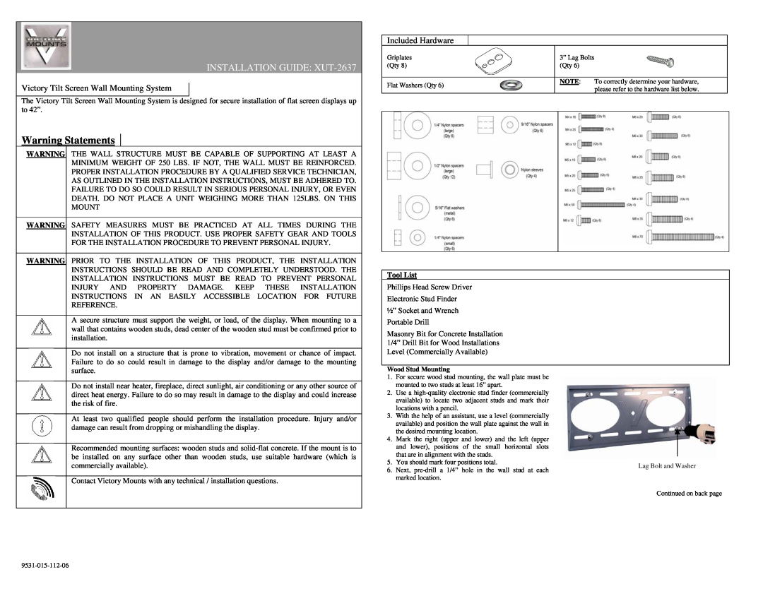 Premier Mounts installation instructions Warning Statements, INSTALLATION GUIDE XUT-2637, Included Hardware, Tool List 
