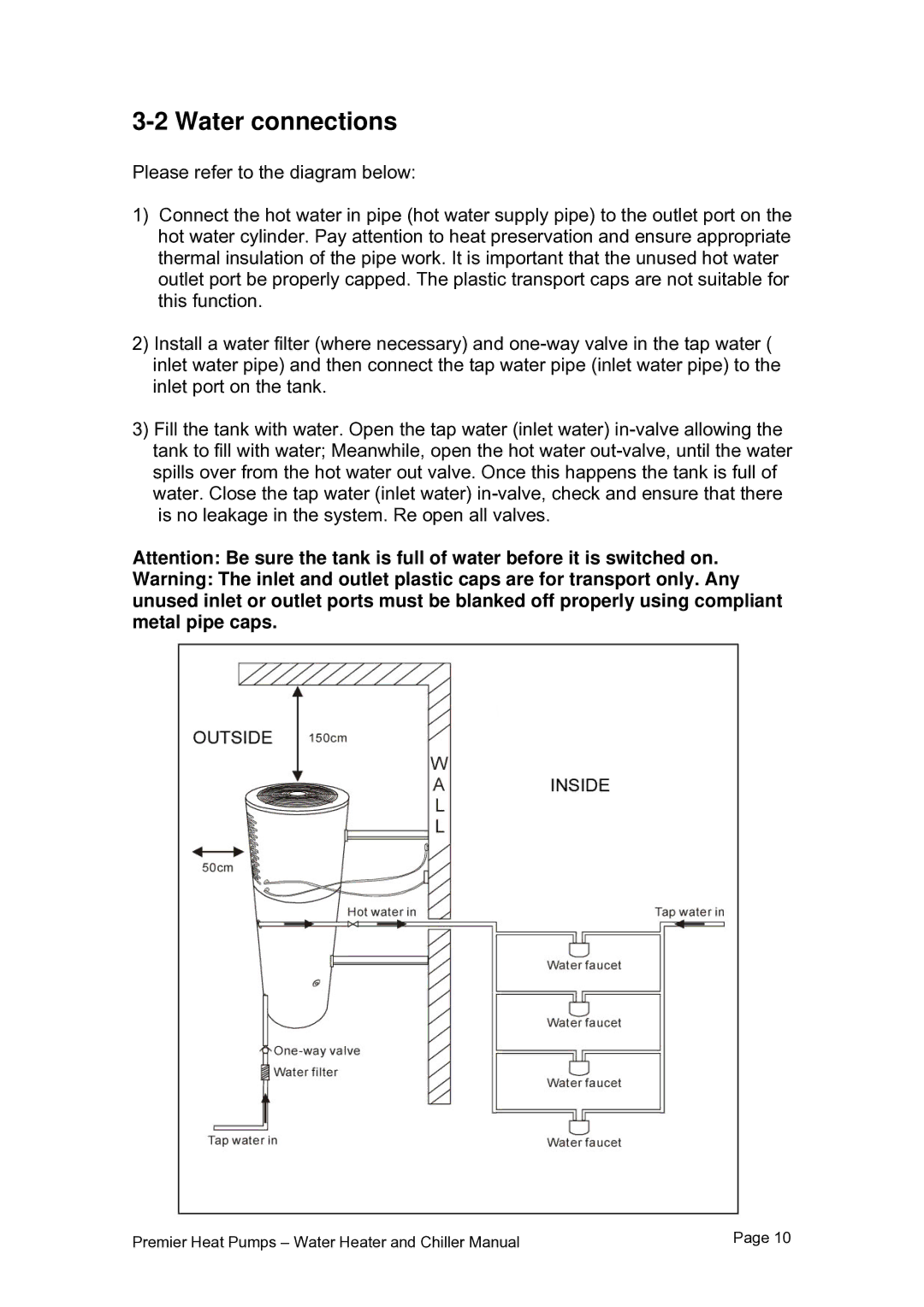 Premier PHP HWC-200, PHP HWC-260, PHP HWC-150 user manual Water connections 