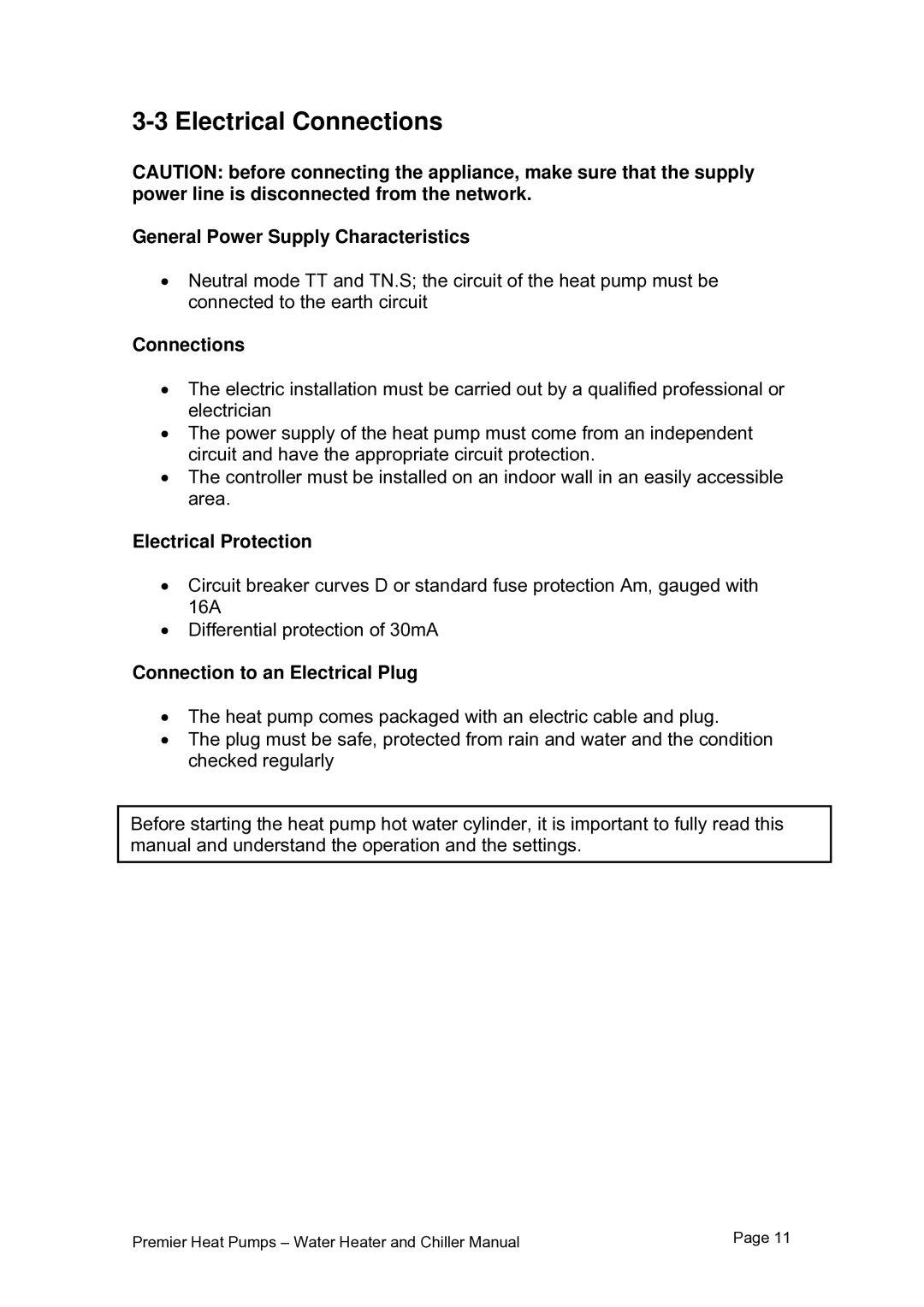 Premier PHP HWC-150, PHP HWC-260 Electrical Connections, General Power Supply Characteristics, Electrical Protection 