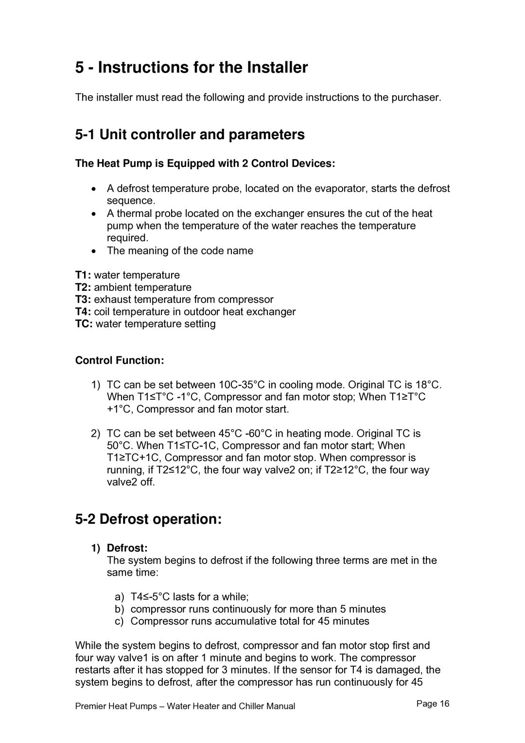 Premier PHP HWC-200, PHP HWC-260 Instructions for the Installer, Unit controller and parameters, Defrost operation 