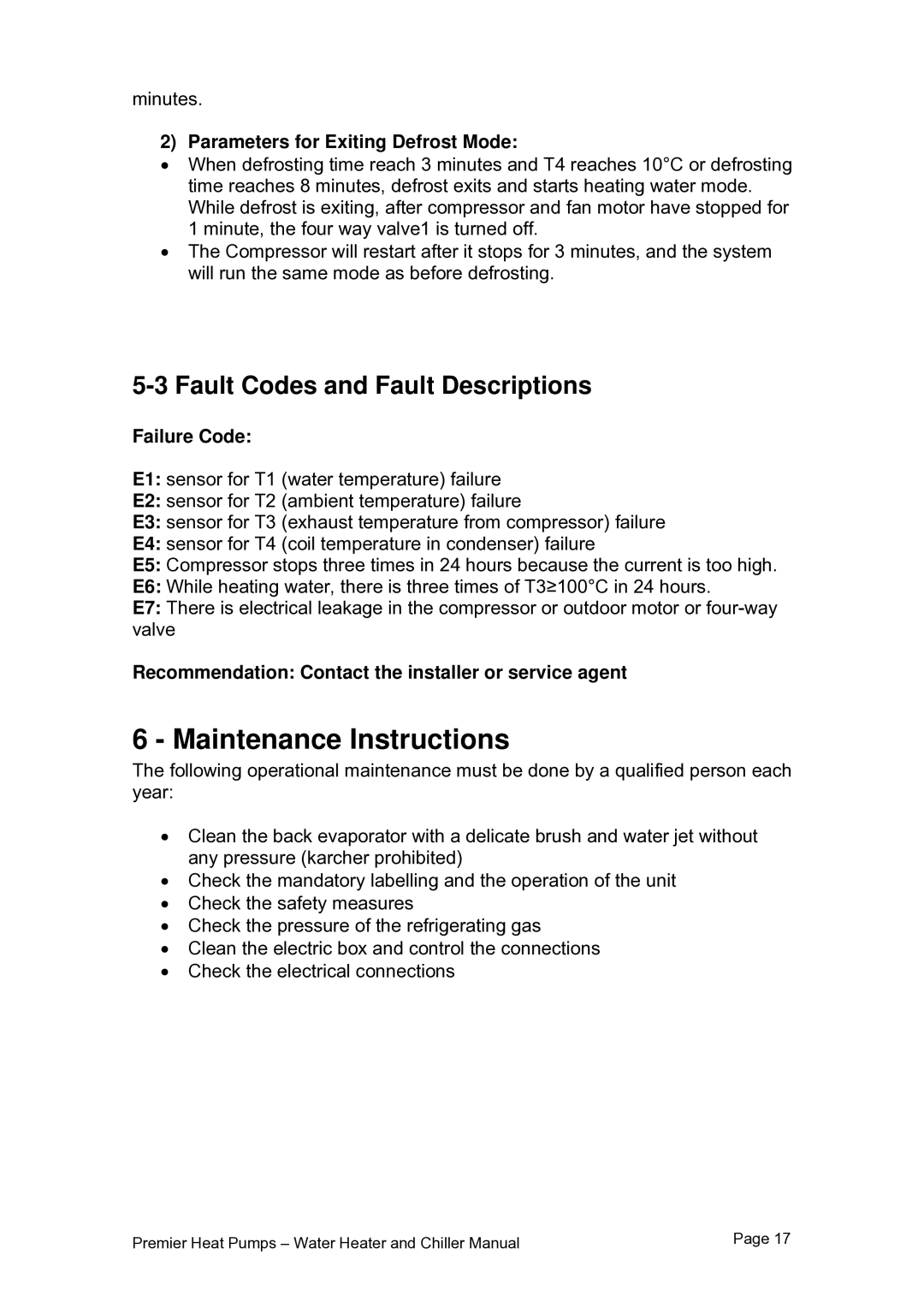 Premier PHP HWC-150 Maintenance Instructions, Fault Codes and Fault Descriptions, Parameters for Exiting Defrost Mode 