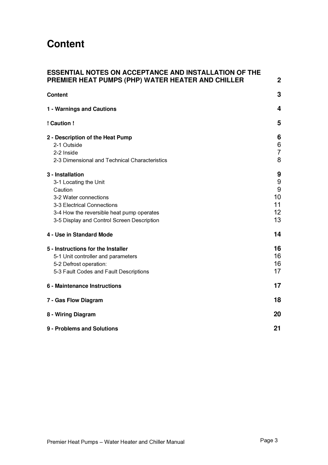 Premier PHP HWC-260, PHP HWC-200, PHP HWC-150 user manual Content, Installation 