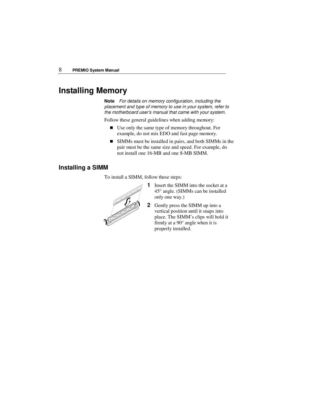 Premio Computer Apollo/Shadowhawk user manual Installing Memory, Installing a Simm 