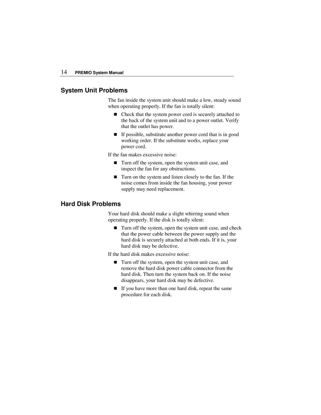 Premio Computer Apollo/Shadowhawk user manual System Unit Problems, Hard Disk Problems 