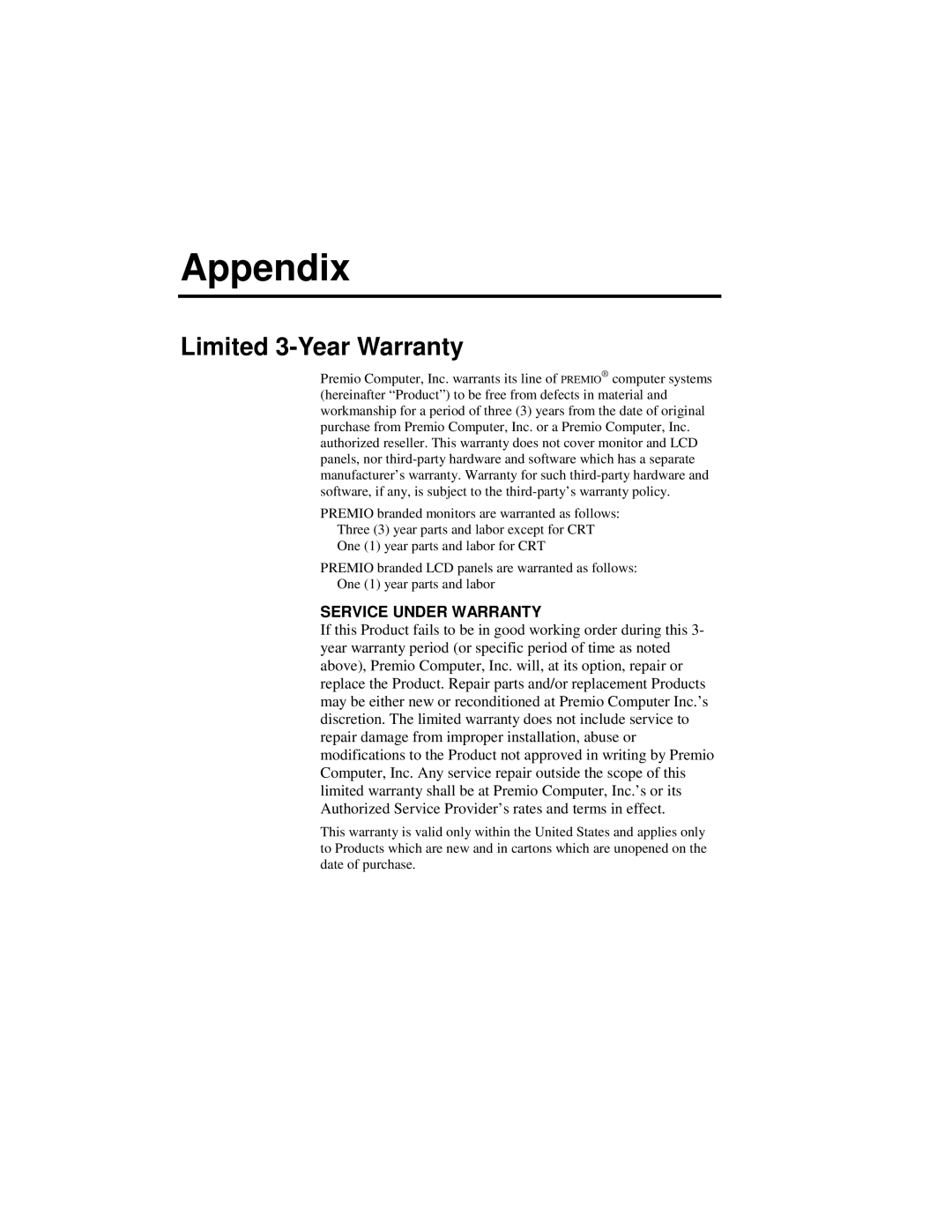 Premio Computer Apollo/Shadowhawk user manual Appendix, Limited 3-Year Warranty 