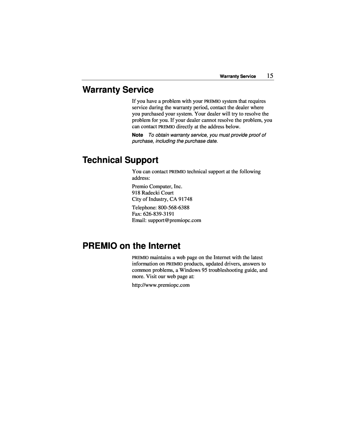 Premio Computer Apollo/Shadowhawk user manual Warranty Service, Technical Support, PREMIO on the Internet 
