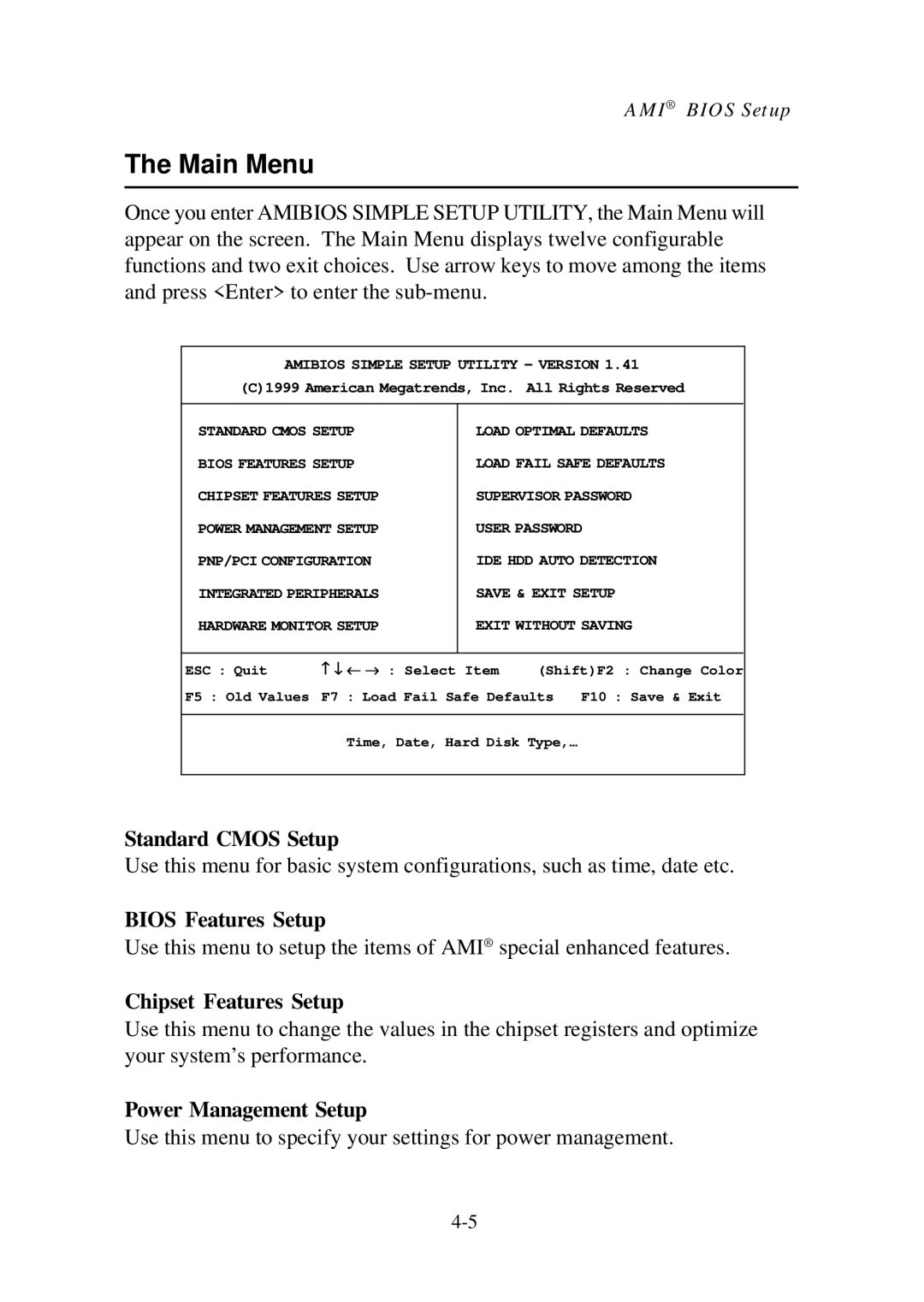 Premio Computer Aries/Centella manual Standard Cmos Setup, Bios Features Setup, Chipset Features Setup 