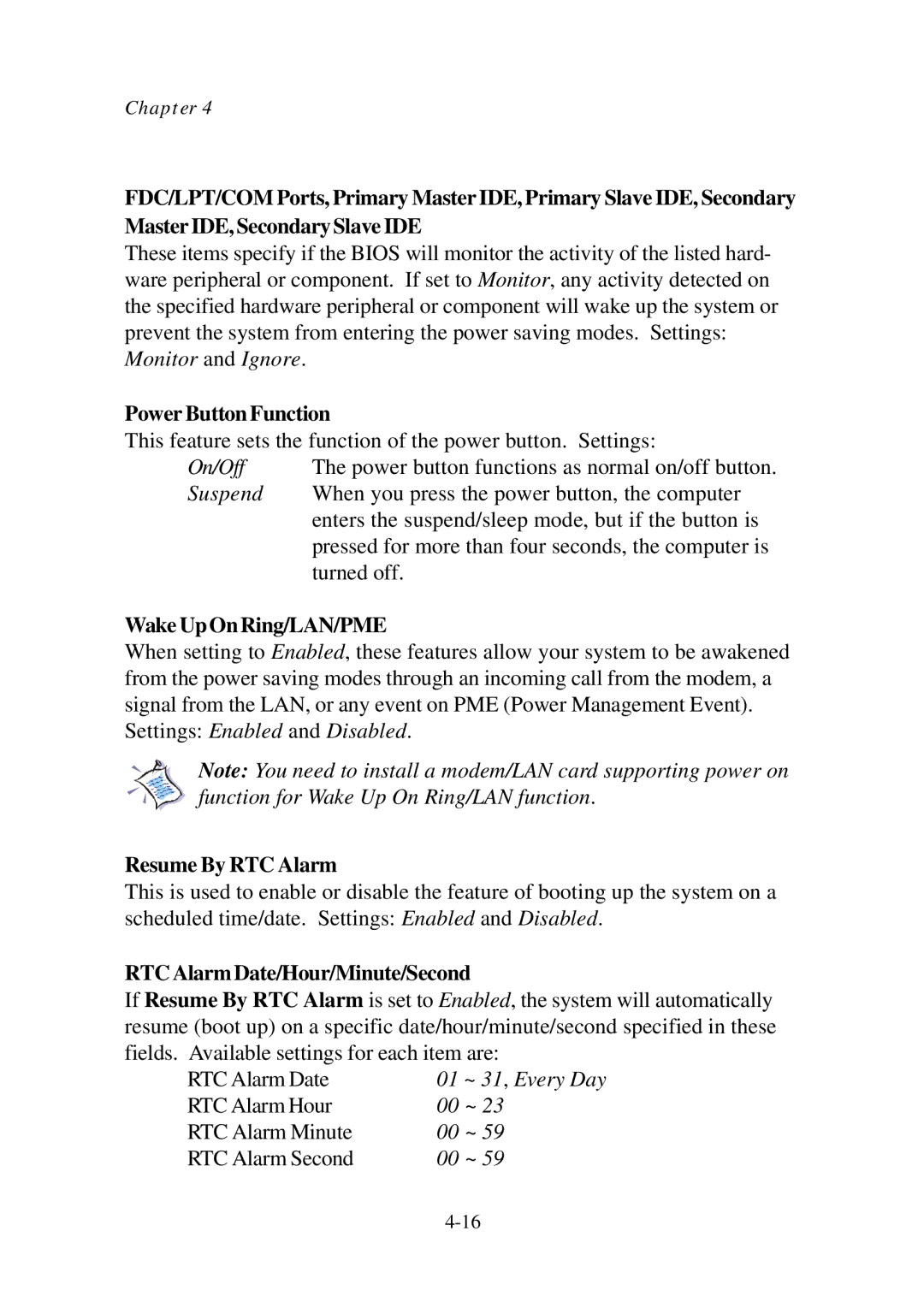 Premio Computer Aries/Centella manual Wake Up On Ring/LAN/PME, RTCAlarm Date/Hour/Minute/Second 