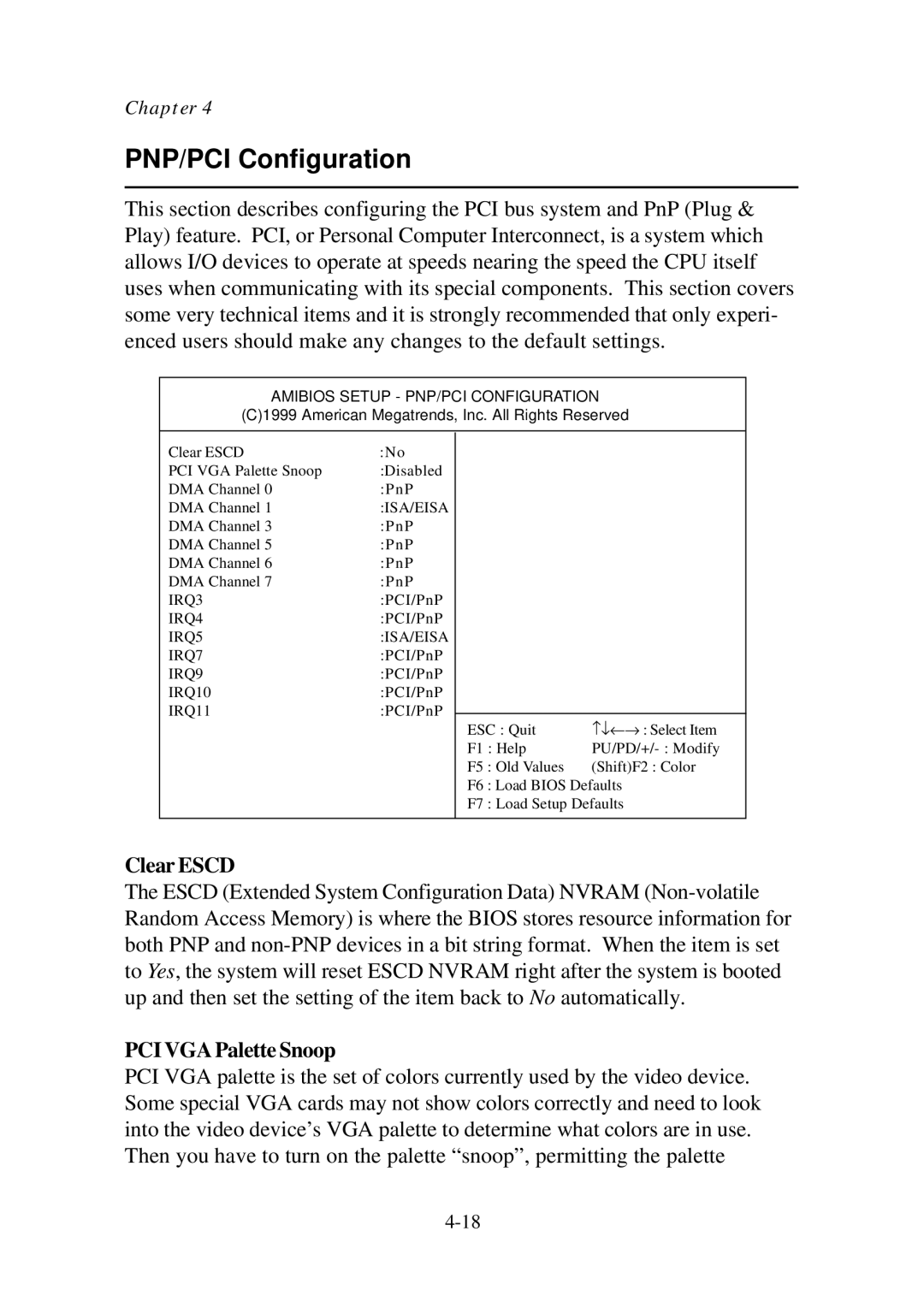 Premio Computer Aries/Centella manual PNP/PCI Configuration, Clear Escd, PCI VGA Palette Snoop 