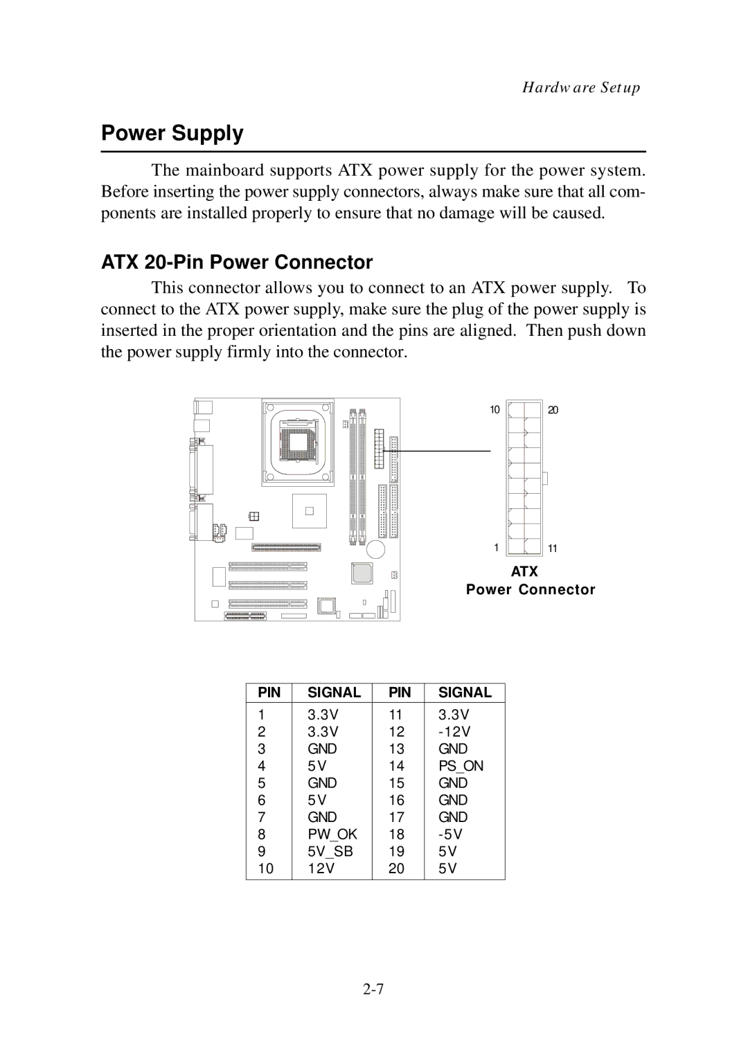 Premio Computer Aries/Centella manual Power Supply, ATX 20-Pin Power Connector 