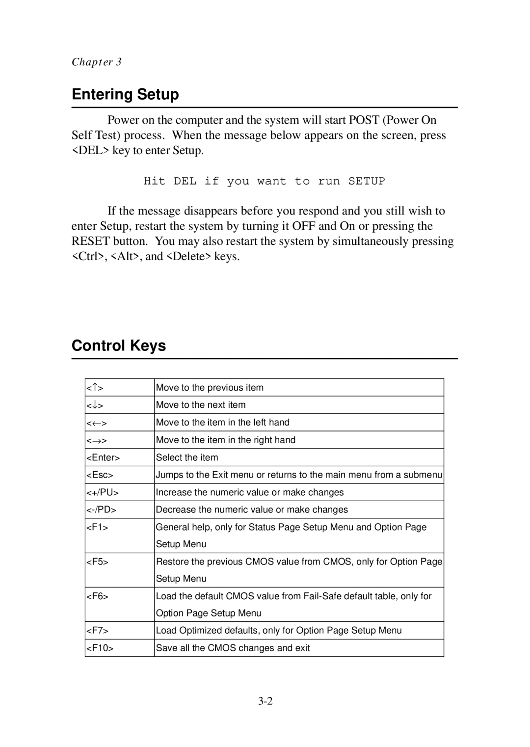 Premio Computer Aries/Centella manual Entering Setup, Control Keys 