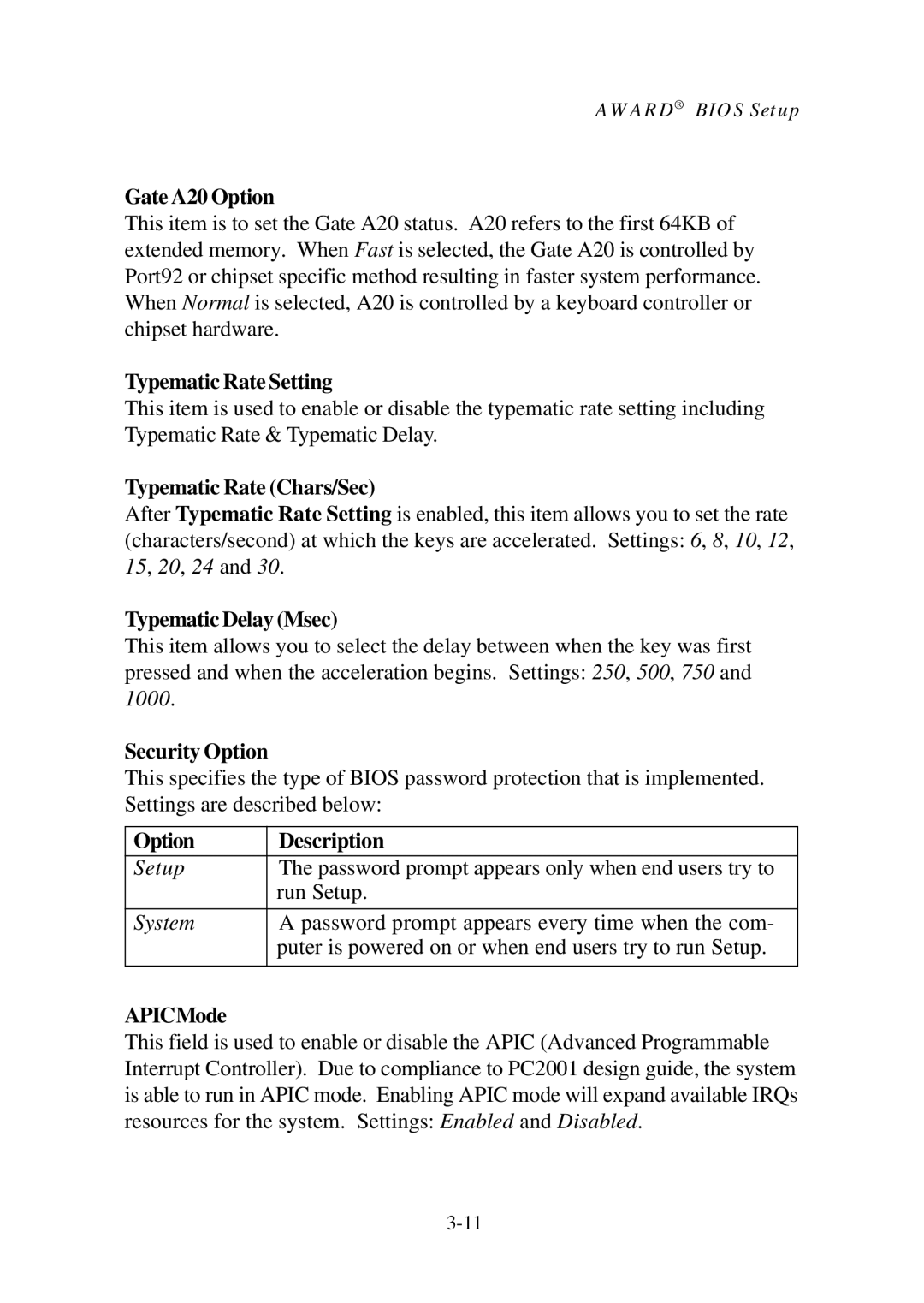 Premio Computer Aries/Centella Gate A20 Option, Typematic Rate Setting, Typematic Rate Chars/Sec, Typematic Delay Msec 